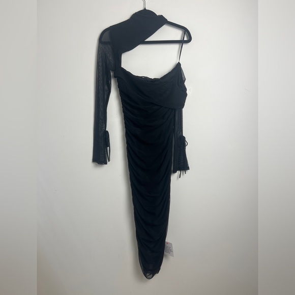 NEW ASOS DESIGN Black Asymmetric One Sleeve Mesh Ruched Midi Dress UK12/US8 - Picture 3 of 13